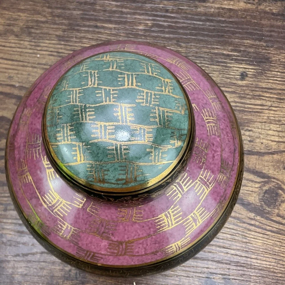 Vintage Chinese Ginger Jar Black Green And Pink Elaborate Gold Design Dragon